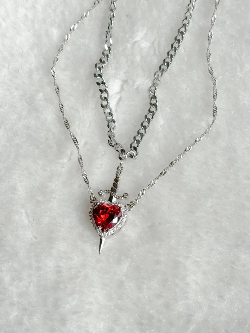 Matching Heart and Sword Necklace Set