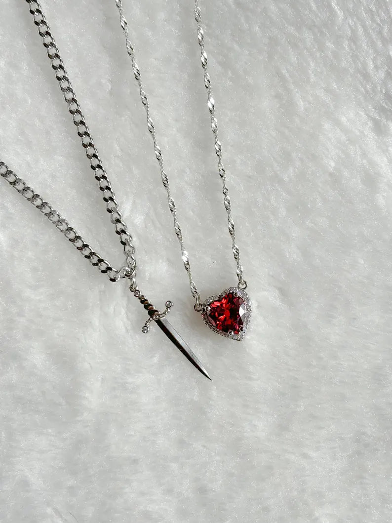 Matching Heart and Sword Necklace Set